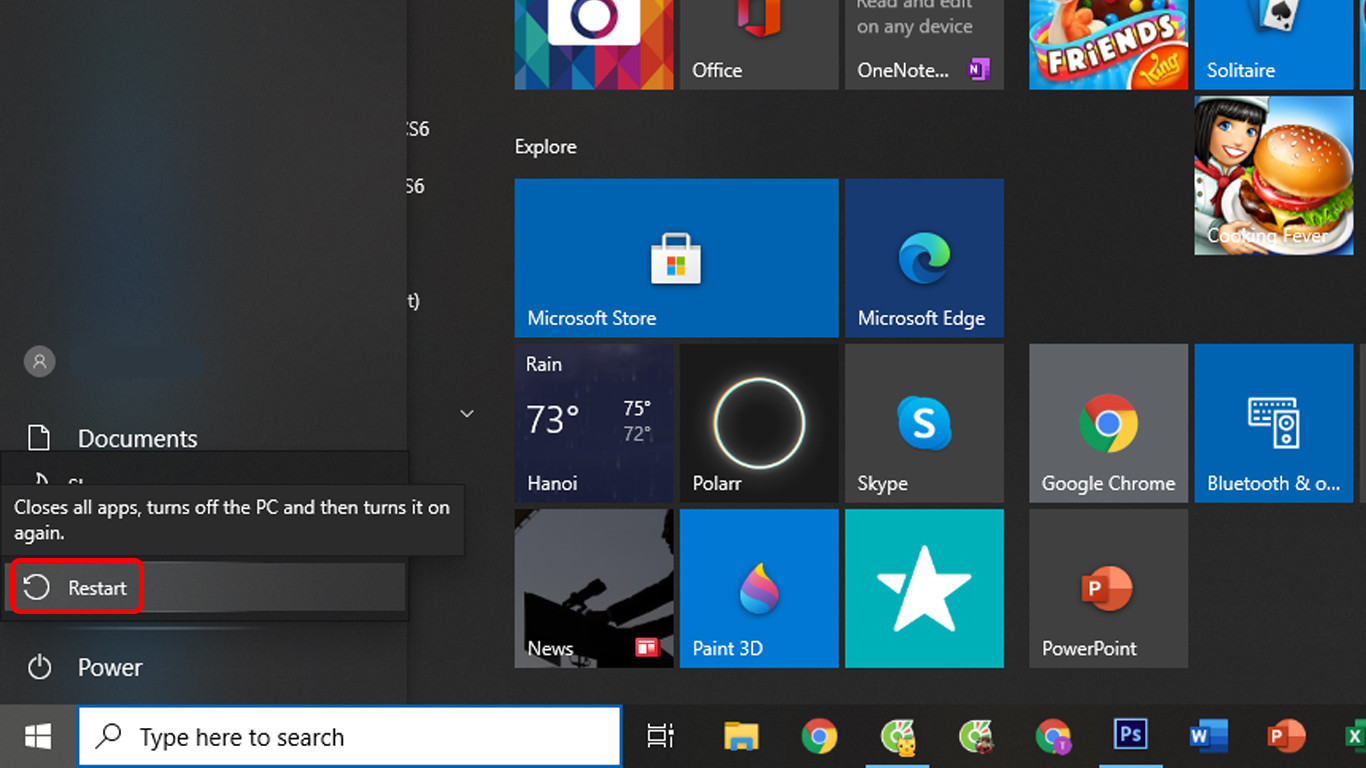 Biểu tượng nút nguồn trên màn hình máy tính Windows 10