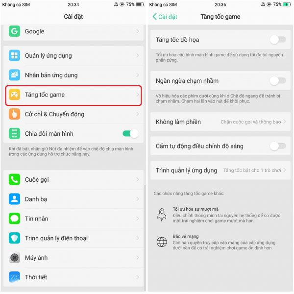 Giao diện cài đặt tính năng Tăng tốc game trên điện thoại