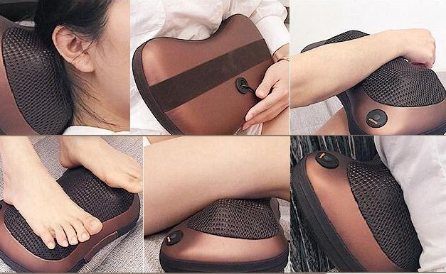 Gối massage đang được sử dụng trên vùng vai gáy để thư giãn cơ bắp.