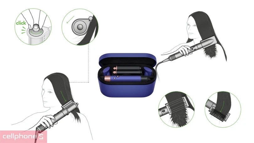 Hình ảnh người dùng đang sử dụng lược duỗi mượt của máy tạo kiểu tóc Dyson Airwrap HS05 trên mái tóc.