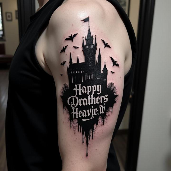 Hình xăm bắp tay kiểu Gothic châu Âu mô tả kiến trúc lâu đài u tối và quái vật