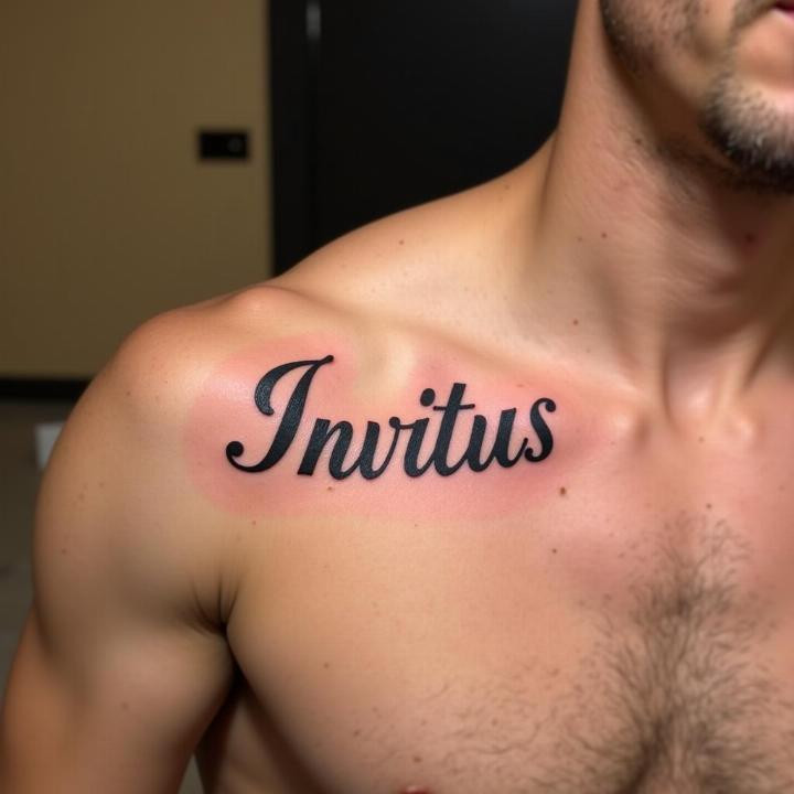 Hình xăm chữ Latinh "Invictus" trên vai, thể hiện ý chí mạnh mẽ và tinh thần bất khuất