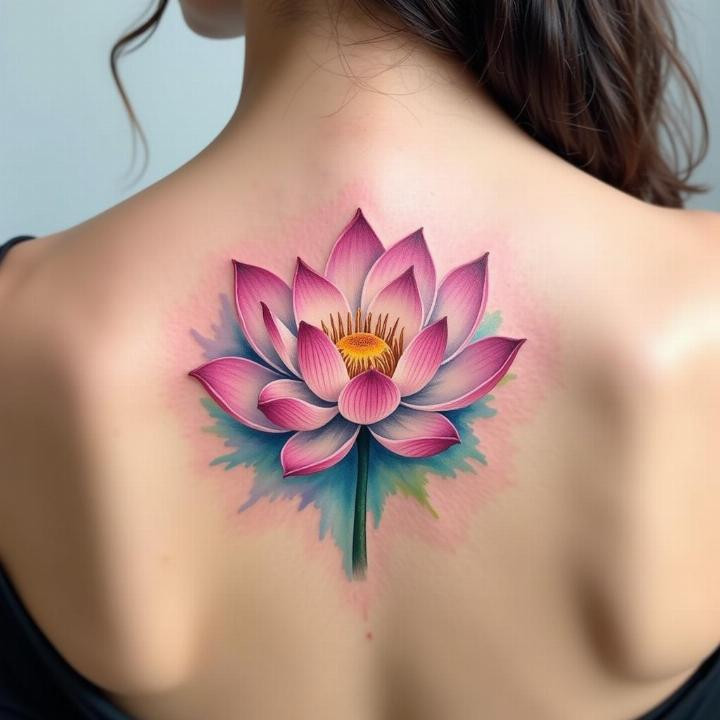 Hình xăm hoa sen vươn lên từ bùn trên lưng tượng trưng sự thanh khiết