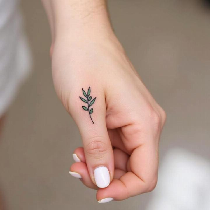 Hình xăm nhánh olive đơn giản trên ngón tay thể hiện bình yên