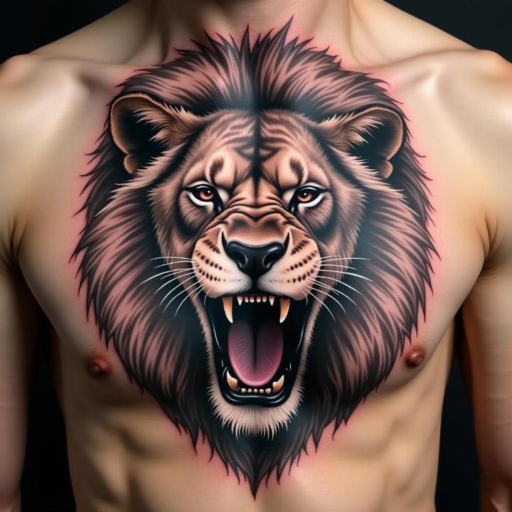Hình xăm sư tử dũng mãnh trên ngực thể hiện bản lĩnh