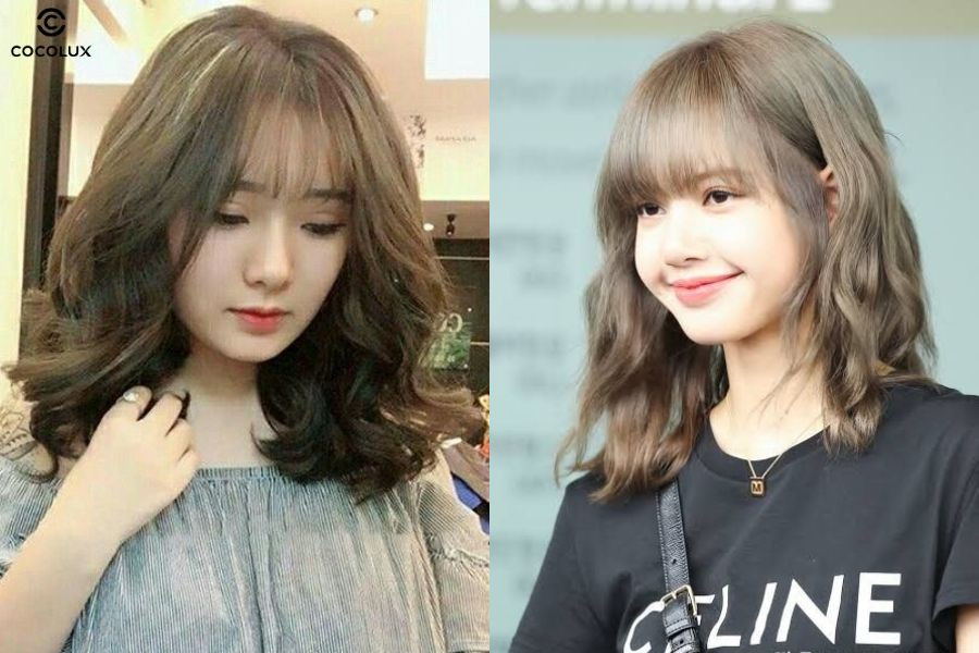 Mái bằng kết hợp tóc xoăn sóng lơi ngang vai giúp che trán hiệu quả
