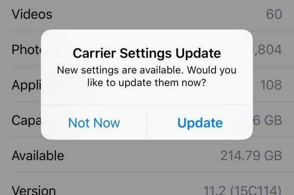 Màn hình cập nhật cài đặt nhà mạng trên iPhone
