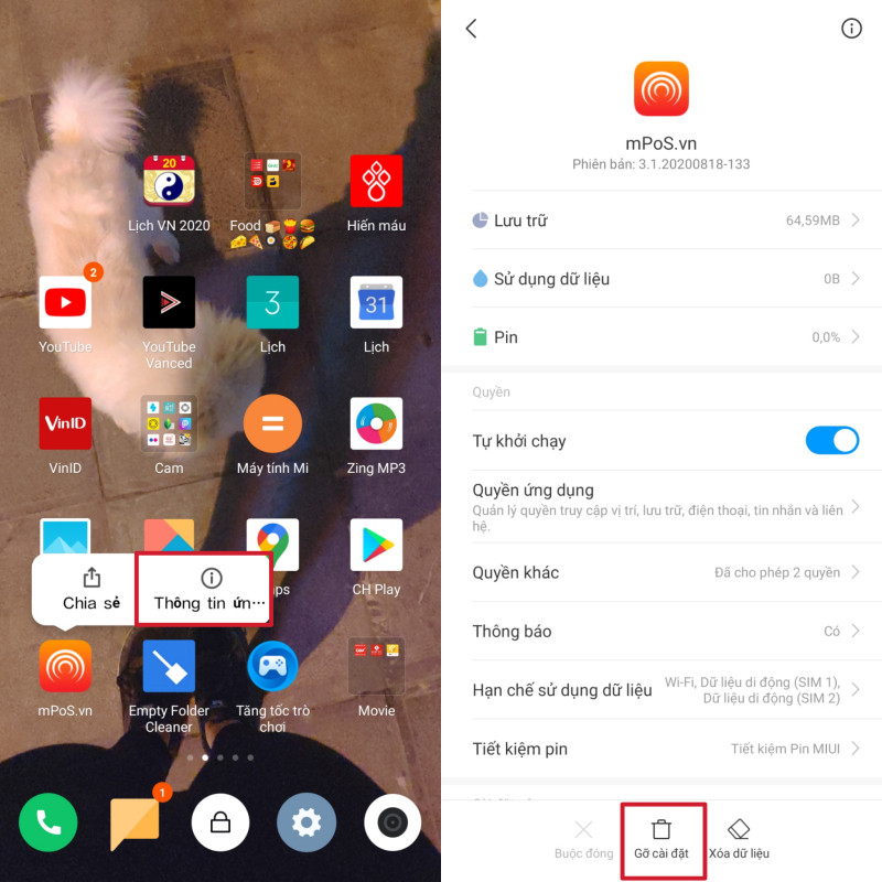 Màn hình gỡ cài đặt ứng dụng trên thiết bị Android
