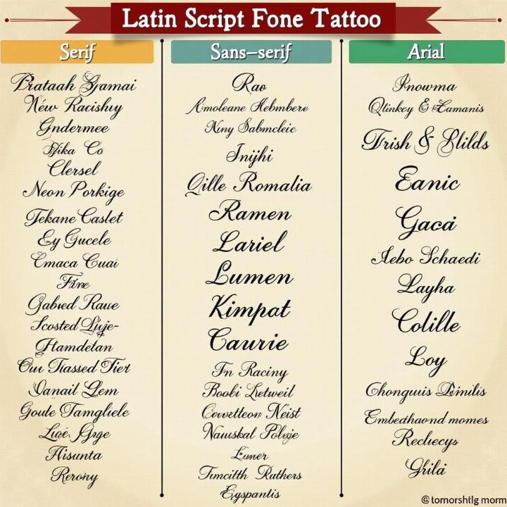 Minh họa các loại phông chữ Latinh phổ biến cho hình xăm: Serif, Sans-serif, Script, giúp lựa chọn phong cách ý nghĩa