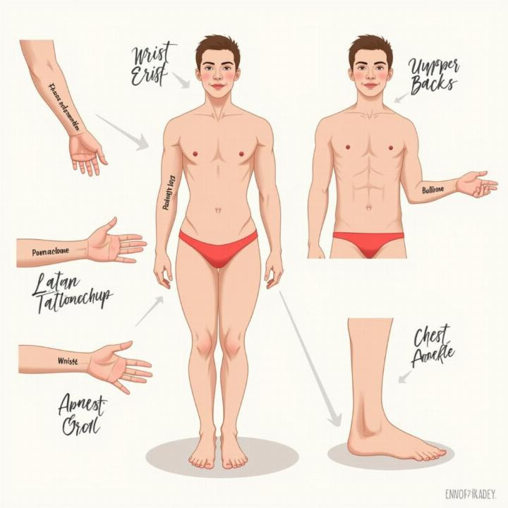 Minh họa các vị trí xăm hình xăm chữ Latinh phổ biến trên cơ thể, bao gồm cổ tay, cánh tay, lưng, ngực và chân