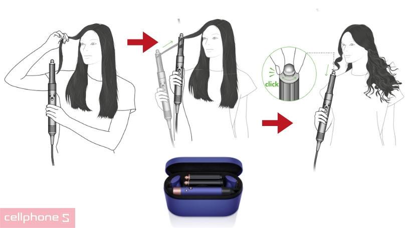 Minh họa cách sử dụng đầu uốn của máy tạo kiểu tóc Dyson Airwrap HS05, cho thấy tóc đang được quấn quanh trục uốn nhờ luồng khí.