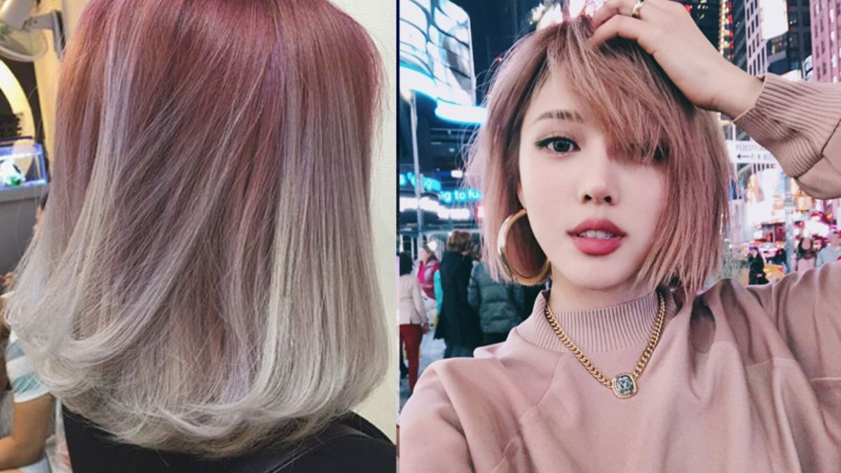 Tóc ngắn nhuộm balayage hồng khói nhẹ nhàng