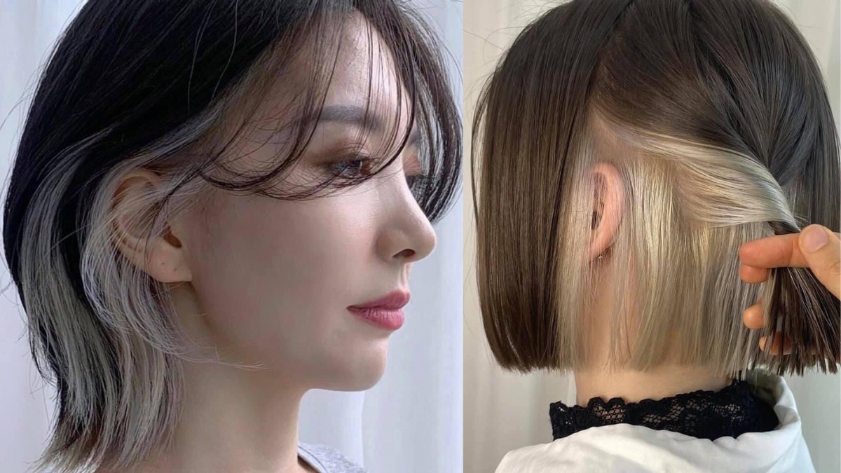 Tóc ngắn nữ màu tối với các lọn móc light bạch kim ẩn bên dưới
