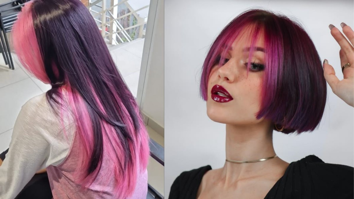 Tóc ngắn nữ với highlight hồng ẩn sau nền tím trầm