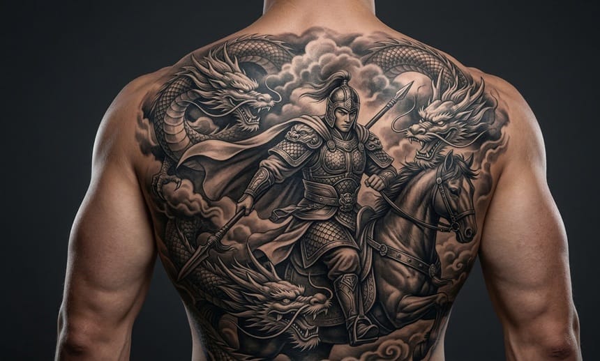 Mảng lưng rộng lớn là canvas lý tưởng để tái hiện toàn bộ khí phách của thần tướng Triệu Tử Long