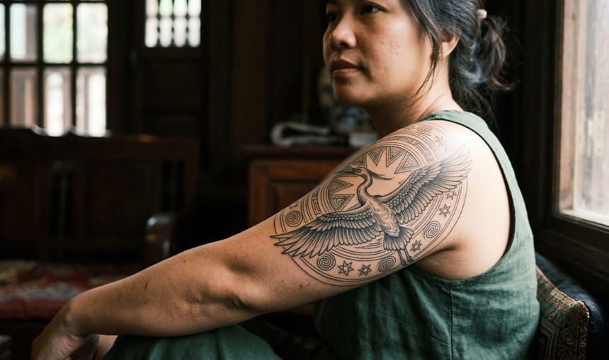 Mẫu hình xăm chim lạc và hoa văn Đông Sơn tinh tế